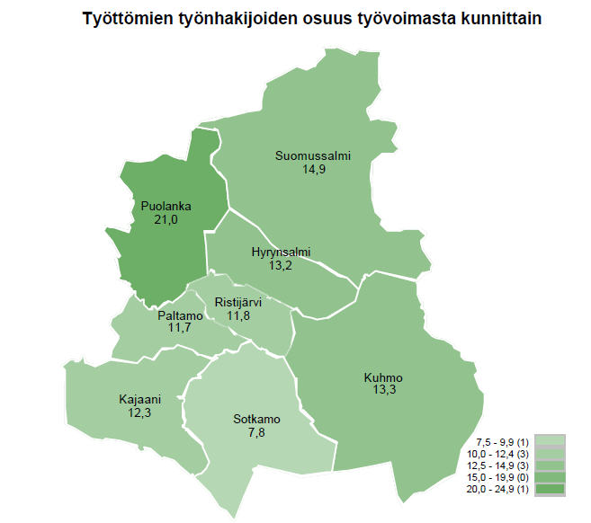 Työttömyys kasvoi edellisvuodesta kaikissa Kainuun kunnissa - Paltamossa toiseksi matalin työttömyysaste Kainuussa